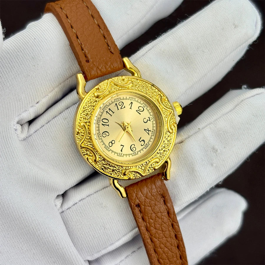 Leather Watch for Woman - Retro Round Dial Slim Gold Strap Wrist Watch